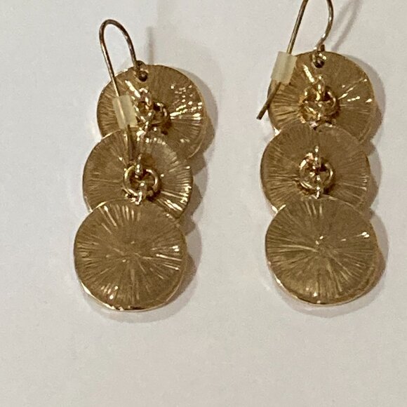 Gold Tone Hammered Disc Drop Earrings - Picture 5 of 5